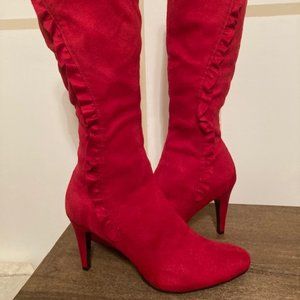 Size 8 Jaclyn Smith faux red suede ruffle boots